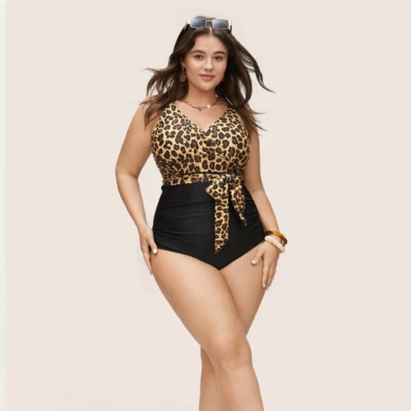 BloomChic Plus Size 2XL Leopard Patchwork Bowknot Side One Piece Swimsuit - Picture 3 of 7